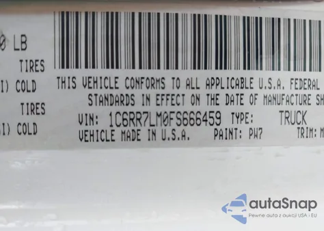 2015 Ram 1500 Outdoorsman из США, поврежденный, VIN 1C6RR7LM0FS666459